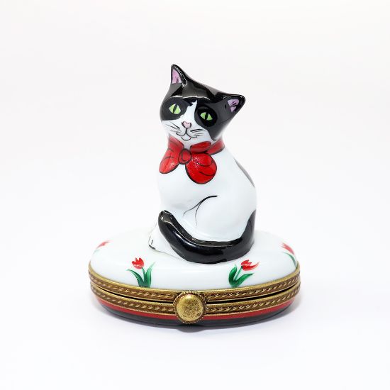Picture of Limoges Porcelain Black & White Cat with Red Bow Trinket Box