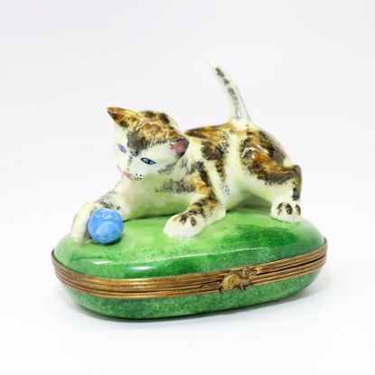 Picture of Limoges Porcelain Kitten Playing with Blue Ball Trinket Box by Chamart