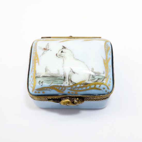 Picture of Vintage Limoges Porcelain White Cat Watching Bird Trinket Box