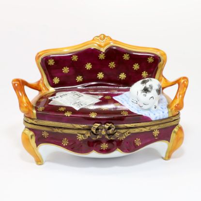 Picture of Limoges Porcelain Large Cat on Sofa with Newspaper Trinket Box by Rochard