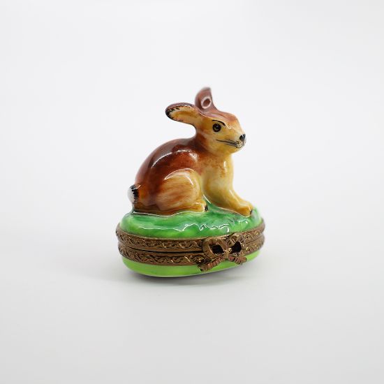 Picture of Retired Limoges Porcelain Brown Rabbit in the Grass Trinket Box by Parry Vieille