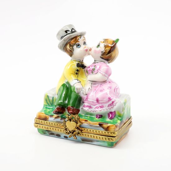 Picture of Limoges Porcelain Kissing Children on Bench Trinket Box