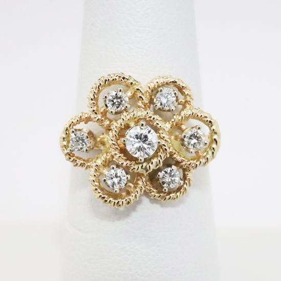 Picture of Textured 14k Yellow Gold 7 Halo Ring with Round Brilliant Cut Diamond Centers