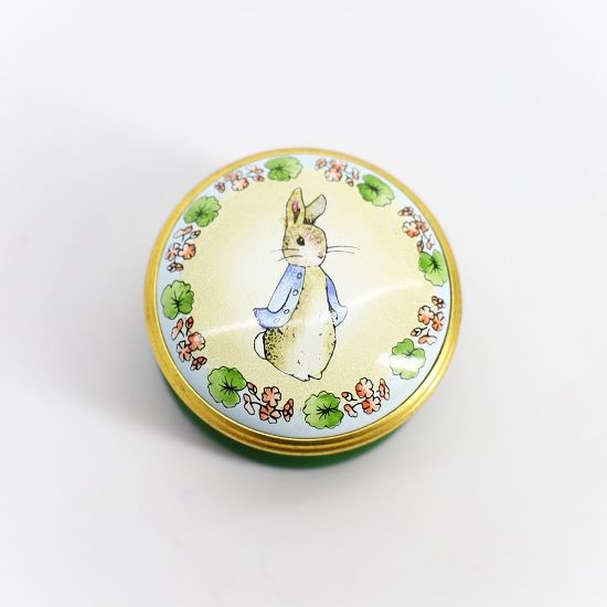 Picture of Rare Halcyon Days Beatrix Potter's Peter Rabbit Pill Box with Green Base in Original Box