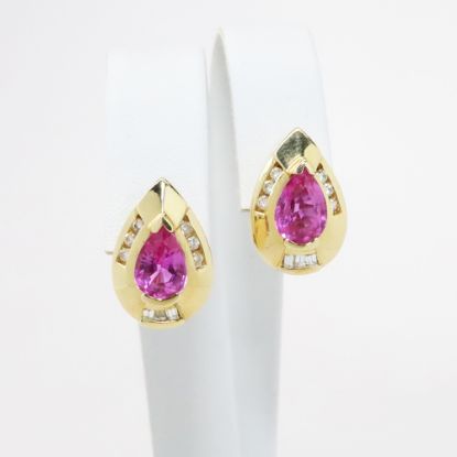 Picture of 14k Yellow Gold, Pear Cut Pink Sapphire &  Diamond Earrings 