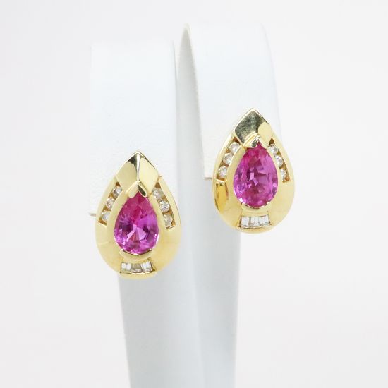 Picture of 14k Yellow Gold, Pear Cut Pink Sapphire &  Diamond Earrings 
