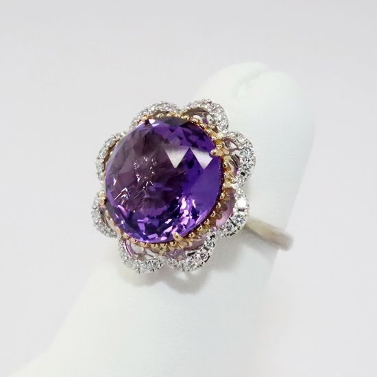 Picture of 18k Two-Tone Gold & Amethyst Ring with Flower Shaped Diamond Halo 