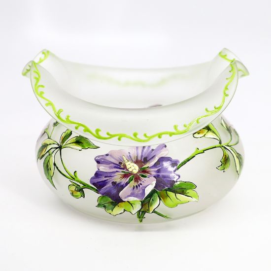 Picture of Mont Joye Art Nouveau Frosted Art Glass Bowl with Hand Enameled Flowers