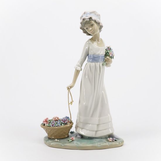 Picture of Lladro Porcelain 'Wild Flower' Girl Pulling Basket of Flowers Figurine #5030