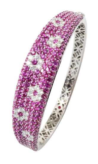 Picture of 18k White Gold & Pavé Set Pink Sapphire Hinged Bangle Bracelet with Inlaid Diamond Flowers by Roberto Coin