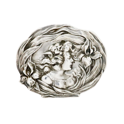 Picture of Antique Unger Brothers Art Nouveau Sterling Silver Woman with Iris Flowers Brooch