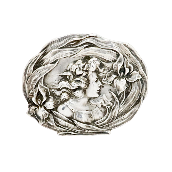 Picture of Antique Unger Brothers Art Nouveau Sterling Silver Woman with Iris Flowers Brooch