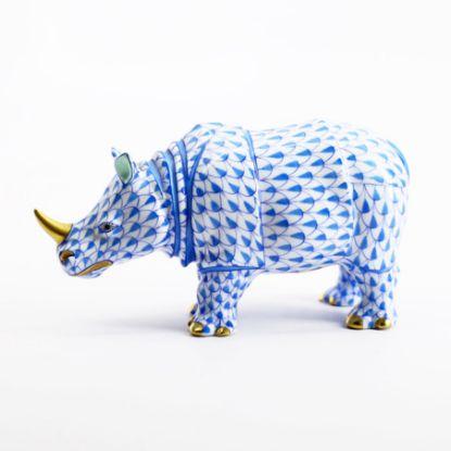 Picture of Herend Porcelain Rhinoceros Figurine #5333 in Blue Fishnet