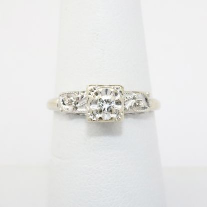 Picture of Antique 14k White Gold & Diamond Engagement Ring with Diamond Accented Milgrain Hearts 