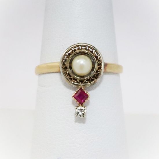 Picture of Antique Edwardian 14k Yellow Gold Filigree, Pearl, Synthetic Ruby & Diamond Ring