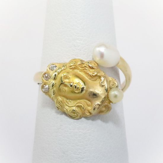Picture of Custom 14k Yellow Gold, Diamond & Pearl Art Nouveau Woman's Face Bypass Ring