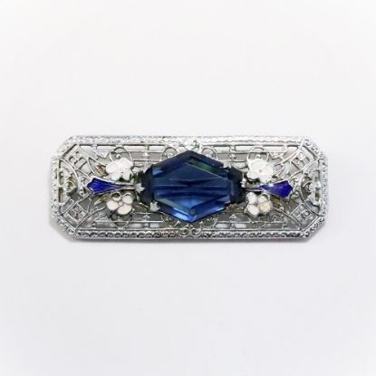 Picture of Art Deco Rhodium Filigree Bar Brooch with Blue Czech Glass & Enameled Flowers