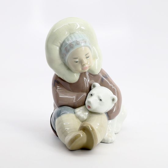 Picture of Lladro 'Eskimo Playing' Inuit Child with Polar Bear Cub Porcelain Figurine #1195