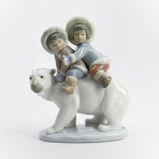 Picture of Lladro #5353 'Eskimo Riders' Inuit Children on a Polar Bear Porcelain Figurine