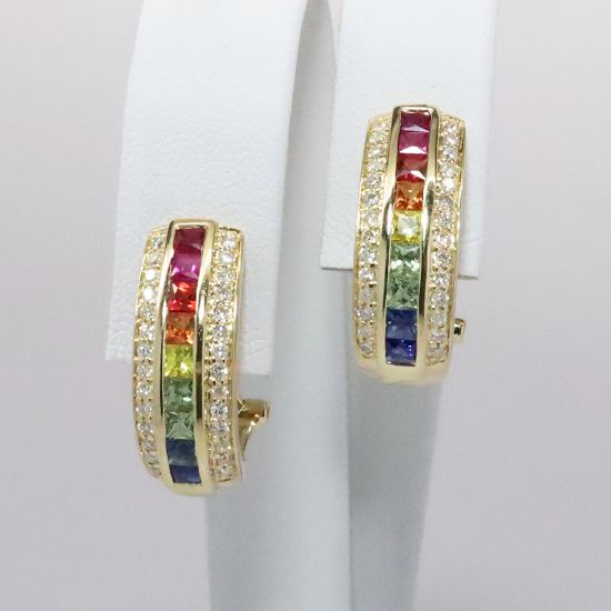 Picture of 14k Yellow Gold Multi-Colored Sapphire & Diamond Dangle Earrings 