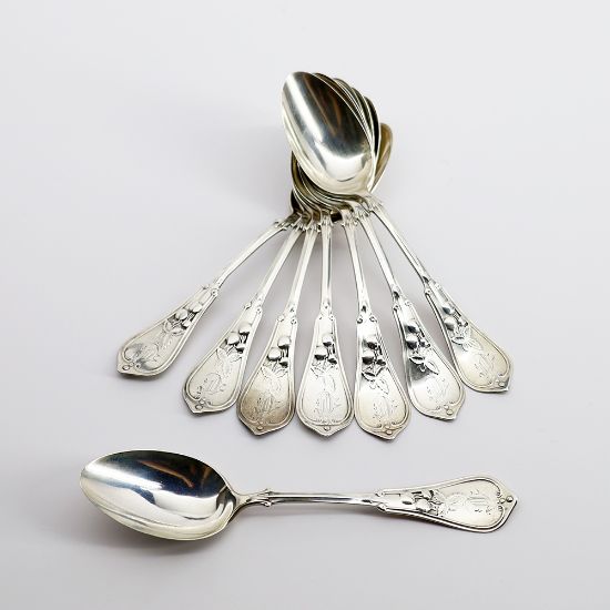 Picture of Set of 8 Jeremiah Gray (Maine) Coin Silver Spoons with Fruit Motif