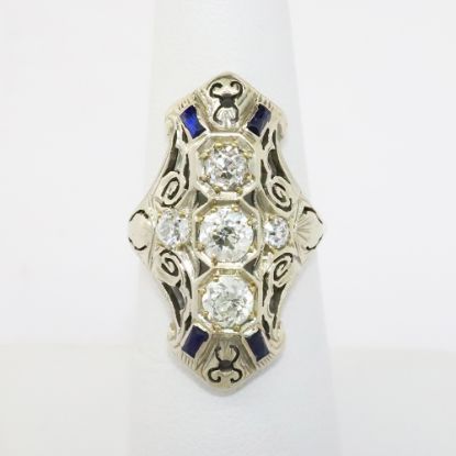 Picture of Antique Edwardian Era 14k White Gold, Old European Cut Diamond & Synthetic Sapphire Statement Ring
