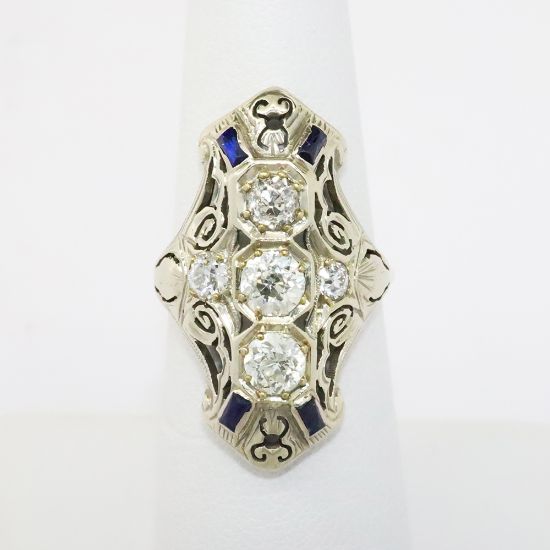 Picture of Antique Edwardian Era 14k White Gold, Old European Cut Diamond & Synthetic Sapphire Statement Ring