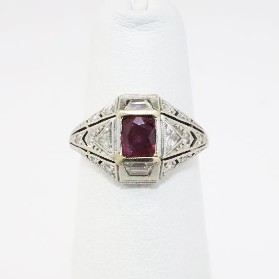 Picture of Antique Art Deco Platinum, Cushion Cut Ruby & Diamond Ring