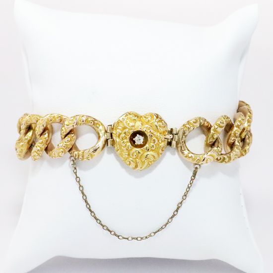 Picture of Antique Victorian 9k Yellow Gold Chain Bracelet with Heart Shaped Clasp with Diamond Accent