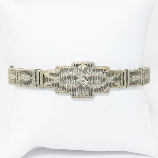 Picture of Antique Edwardian Era 10k White Gold Filigree Bracelet with Diamond Accent