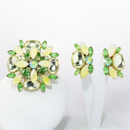 Picture of Vintage Alice Caviness Green & Yellow Rhinestone, Glass Cabochon & Givre Glass Brooch & Earring Set
