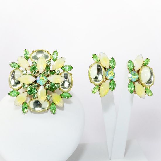 Picture of Vintage Alice Caviness Green & Yellow Rhinestone, Glass Cabochon & Givre Glass Brooch & Earring Set