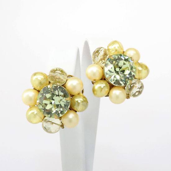 Picture of Vintage De Mario Yellow Rhinestone, Faux Pearl & Glass Bead Clip-On Earrings