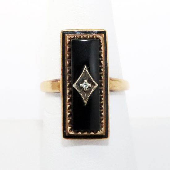 Picture of Antique 10k Yellow Gold, Black Enamel & Onyx Ring with Diamond Accent
