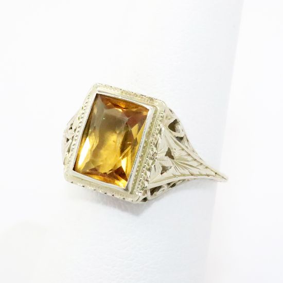 Picture of Antique Art Deco Era 14k White Gold Filigree & Citrine Ring
