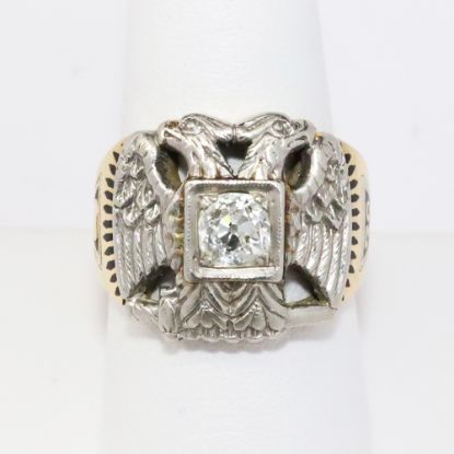 Picture of Vintage 14k Yellow Gold, Palladium & Diamond 32nd Degree Freemason's Ring with Enamel Accents