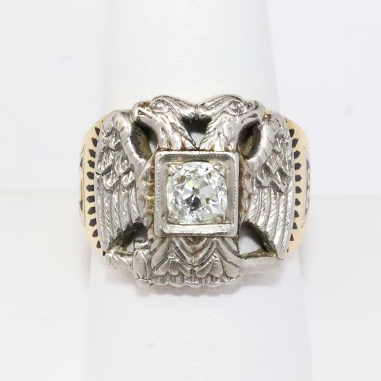 Picture of Vintage 14k Yellow Gold, Palladium & Diamond 32nd Degree Freemason's Ring with Enamel Accents