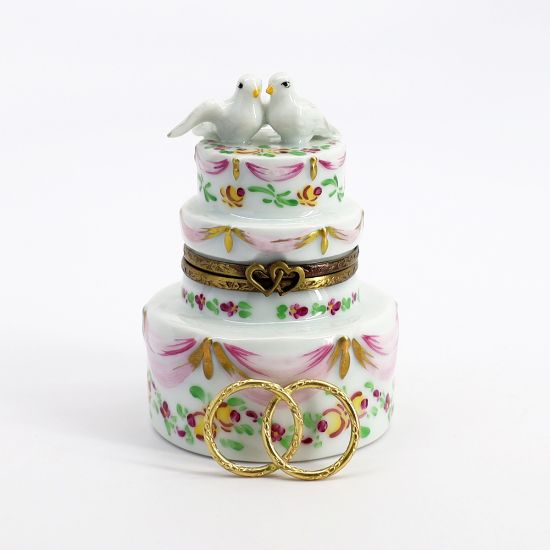 Picture of Limoges Porcelain Wedding Cake Trinket Box with Dove Cake Toppers & Surprise Rings Inside