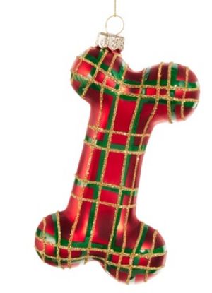 Picture of Blown Glass Red Plaid Dog Bone Christmas Ornament