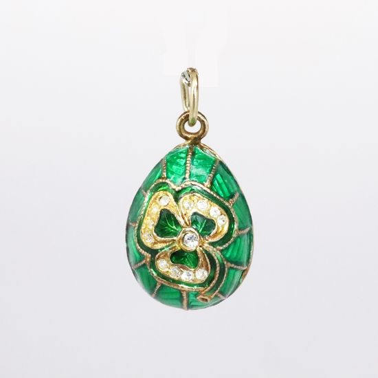 Picture of Vintage Gilt Sterling Silver, Green Guilloche Enamel & Rhinestone Irish Themed Fabergé Style Egg Pendant/Charm 