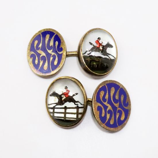 Picture of Antique 14k Yellow Gold & Cobalt Enameled Cufflinks with Carved Essex Crystal Jumping Horses