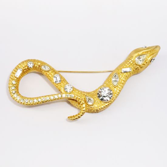 Picture of Large Vintage Kenneth Jay Lane Gold Plated Snake Brooch with Clear Rhinestones