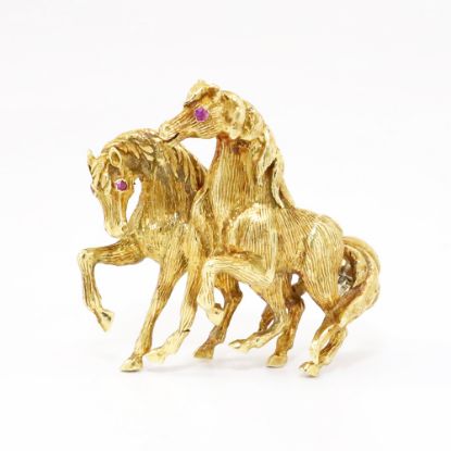 Picture of Vintage Mid Century 18k Yellow Gold Horse Pair Brooch with Pink Sapphire Eyes