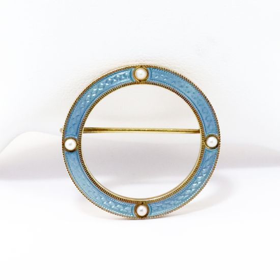 Picture of Antique Edwardian Era 14k Yellow Gold, Sky Blue Guilloche Enamel & Pearl Circle Brooch