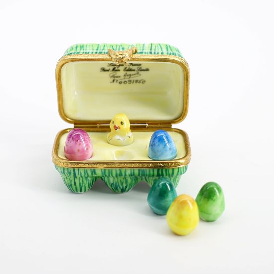 Picture of Limoges France Carton of Loose Easter Eggs with Hatching Chick Trinket Box 