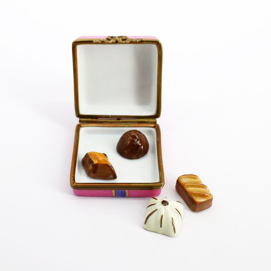 Picture of Limoges Porcelain Pink Gift with Purple Ribbon Trinket Box with Surprise Chocolates Inside  