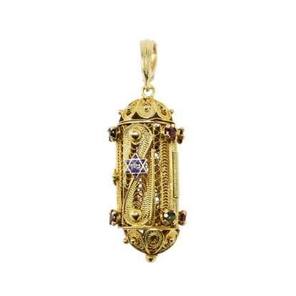Picture of Vintage 14k Yellow Gold, Enamel & Gemstone Mezuzah Pendant