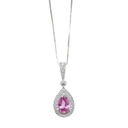 Picture of 14k White Gold & Pear Cut Pink Sapphire Pendant Necklace with Diamond Halo