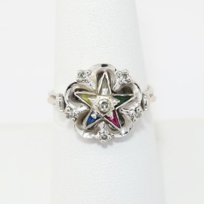 Picture of Antique 14k White Gold Order of the Eastern Star Ring with Diamond Accents & Tiny Gavels on Each Side