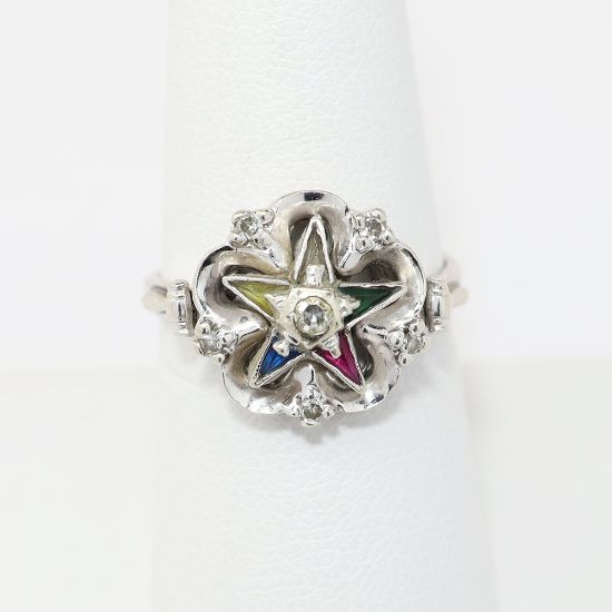 Picture of Antique 14k White Gold Order of the Eastern Star Ring with Diamond Accents & Tiny Gavels on Each Side
